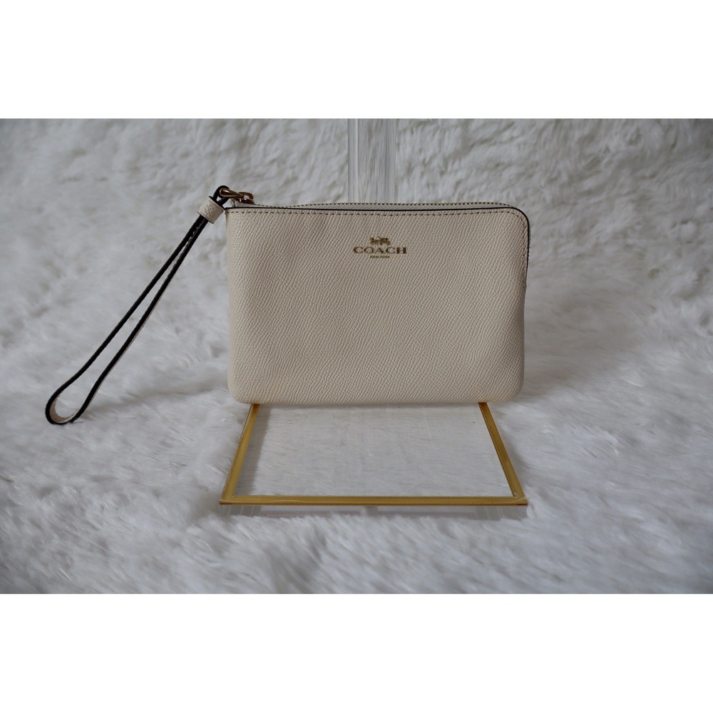 Coach Chalk White Textured Leather Corner Zip Wristlet Small